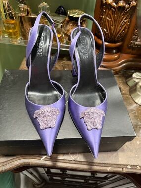 Versace Lavender Satin Pointed-Toe Slingback Heels with Crystal Medusa